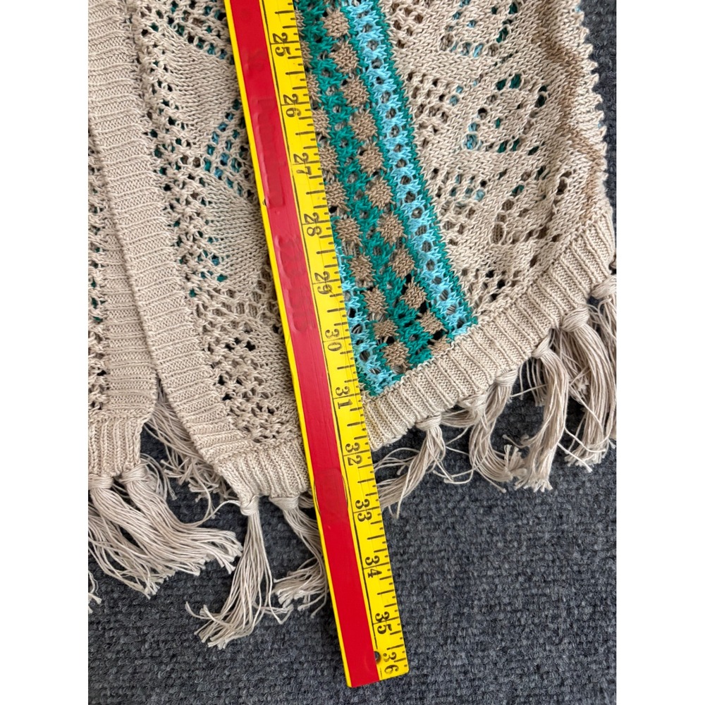 Chicos Linen Open Knit Cardigan Tan Teal Fringe Short Sleeve Size 0 Petite - Picture 5 of 8
